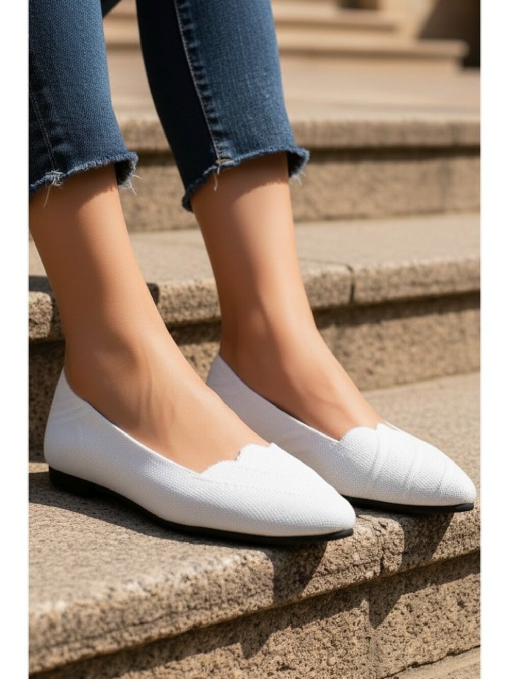 Jacquard Mesh Knit Pointed Toe Flats Slip-On Ballet Shoes Scalloped Edge Loafers